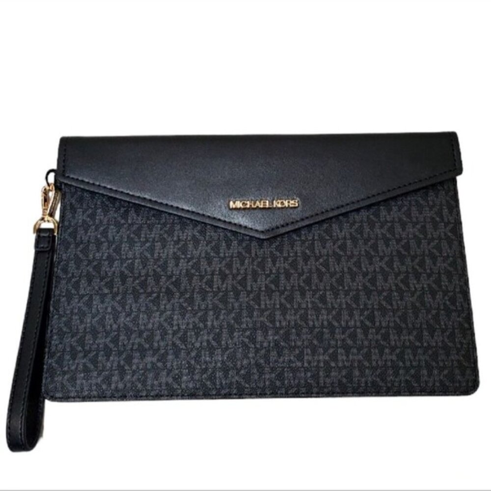 MICHAEL KORS Signature Wristlet Pouch – Black MK Logo, Zip Closure